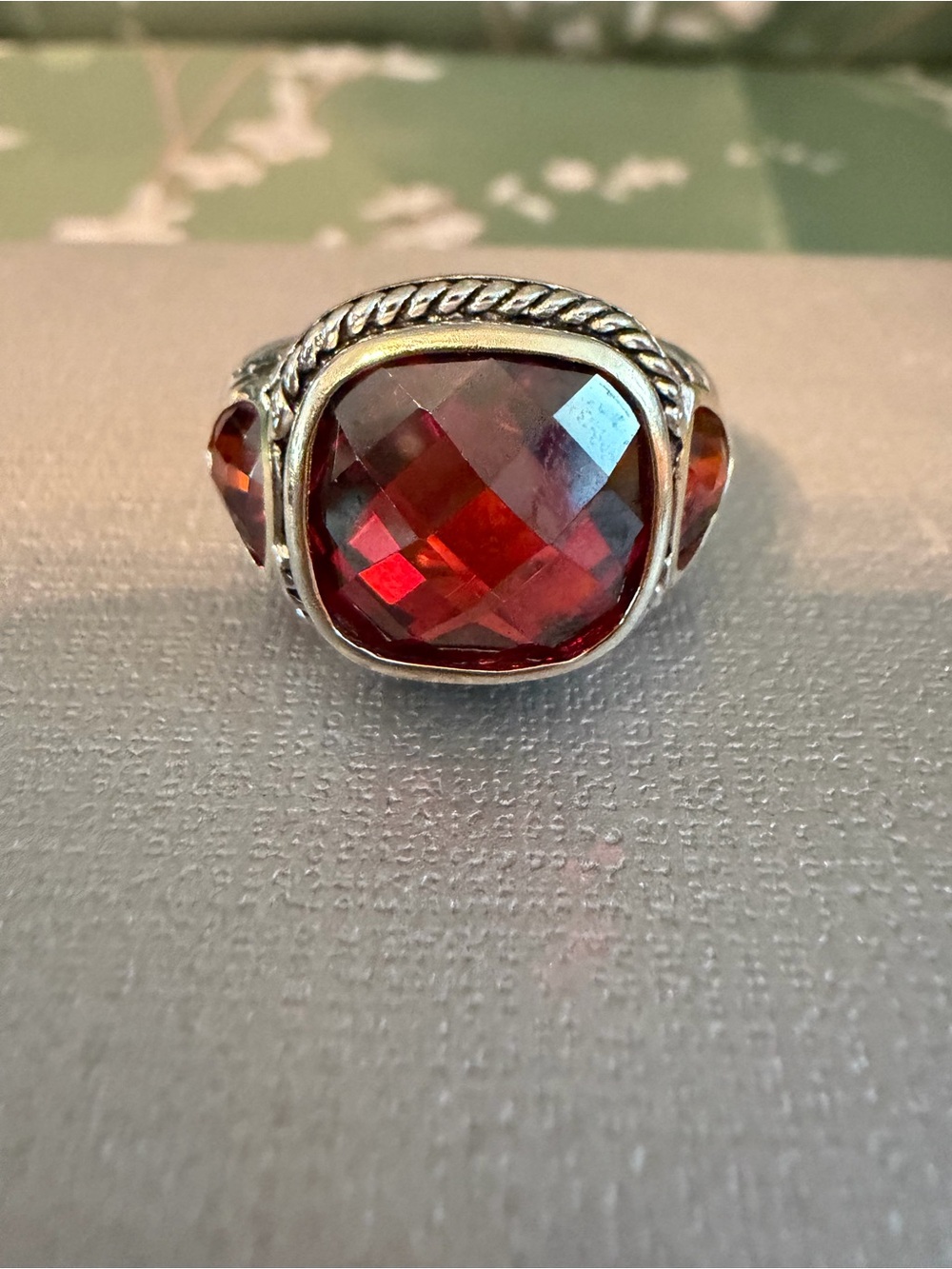 Sterling Silver & 14k Red Gemstone Cushion Ring Size 7